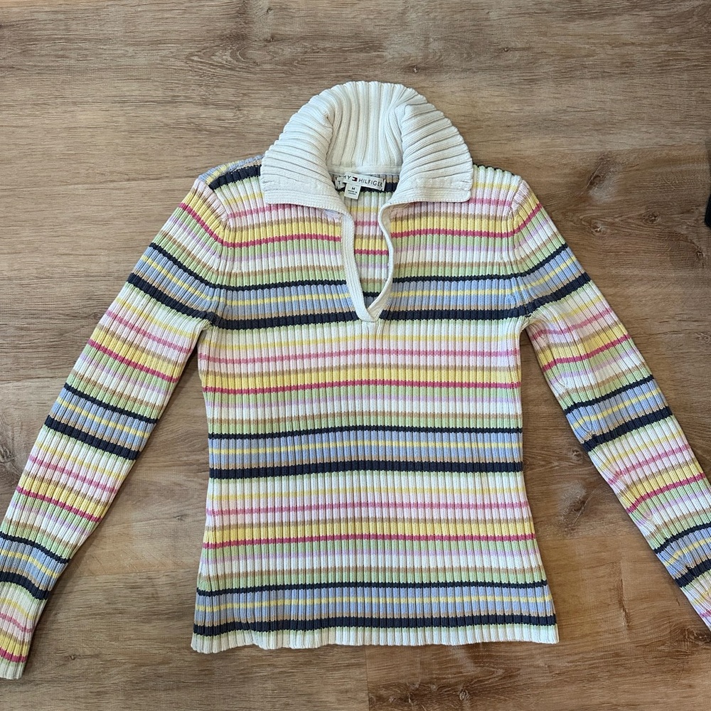 TOMMY HILFIGER 100% cotton 
Striped Ribbed Sweater with Folded Collar